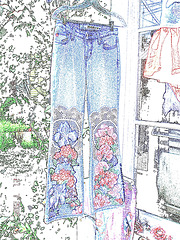 Mudd flowery jeans.  Woodstock.  NY state.  USA.   July 22th 2008.  -  Colourful outlines.