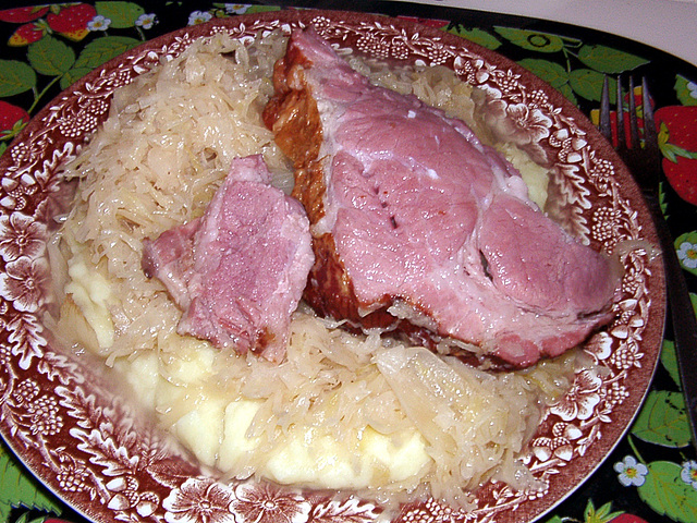 Sauerkraut with Kassler (smoked pork chop) and Kartoffelmus (mashed potatoes)