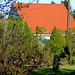 Red roof with green gras and blue sky