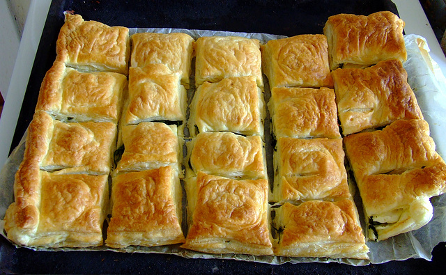 Filo dough filled with goat cheese and spinach leaves