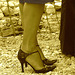 My friend Rachel with permission  /  Mon ami Rachel en talons hauts avec sa permission - My shoes - building site. by Mandy  - Sepia