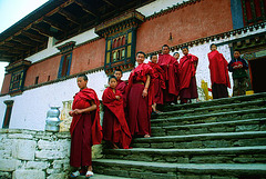 Monks in front the Rinpung Dzong in Paro