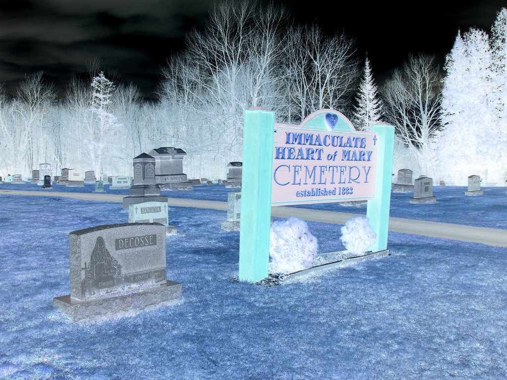 Immaculate heart of Mary cemetery - Churubusco. NY. USA.  March  29th 2009-  En négatif