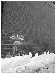 Brick wall snowy graffitis - Graffitis enneigés sur mur de brique / B & W