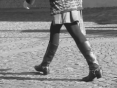 Bankomat Lady in mini denim skirt and Dominatrix SS boots style - Ängelholm / Sweden-  October 23th 2008- B & W