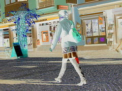 Bankomat Lady in mini denim skirt and Dominatrix SS boots style - Ängelholm / Sweden-  October 23th 2008 Effet de négatif / Negative effect