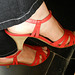 Christine !  Chaussures rouges à talons hauts dernier cri de Cricri !  In her new red wedding heels !