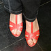 Christine !  Chaussures rouges à talons hauts dernier cri de Cricri !  In her new red weddng heels !