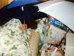 Me sleeping with umbrellas
