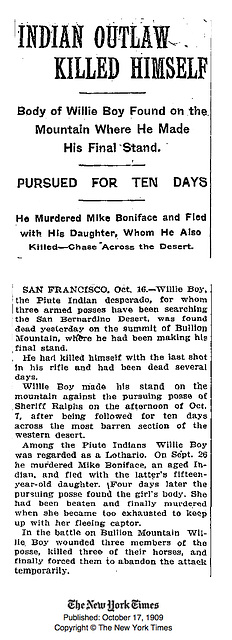 NY Times Reports Willie Boy's Death