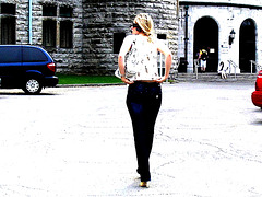 Blonde in tight jeans and high heels - CEGEP spectacular entrance - Hometown /  Dans ma ville - May 7th 2008- Artwork with microsoft editor