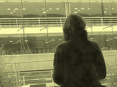 Tall Lady 6 in hammer heeled boots -  Brussels airport   /  19-10-2008- Effet photo ancienne  /  Vintage artwork.