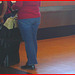Chubby blond in red and jeans on flats - Blonde mature en souliers plats - PET Montreal airport.