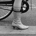 7 store readhead Danish mature Lady biker in colourful pale high-heeled boots - Copenhagen -  20-10-2008- B & W