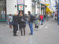 7 Eleven Swedish blond duo in dominatrix and flat leather Boots - Helsingborg / Sweden.  October 22th 2008.