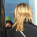 Hôtesse de l'air blonde en Talons Hauts Couperet /  Smoking blond flight attendant in chopper heels - Cheveux de satin blond-  Blond satin hair- Aéroport de Montréal. 18 octobre 2008.