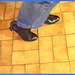 Bottes courtes à talons hauts avec jeans sur parquet de tuiles- Short high-heeled Boots on tiles floor- Mon amie Christiane avec / with permission.