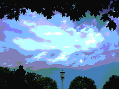 Lampadaire avec ciel et arbres  /   Street lamp with sky and trees.   Hometown  / Dans ma ville.  15 juillet 2009 - Version postérisée