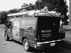 Camion coloré de la Compagnie COGECO  /   Colourful COGECO company business truck.   Hometown / Dans ma ville .  17 juillet 2009 -  N & B