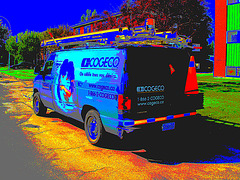 Camion coloré de la Compagnie COGECO  /   Colourful COGECO company business truck.   Hometown / Dans ma ville .  17 juillet 2009 -  Postérisation psychédélique