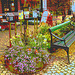 Scène de trottoir fleuri interfloré /  Interflore store scenery.   . Båstad .  Suède /  Sweden.  21 octobre 2008. Postérisation + touche de bleu pâle