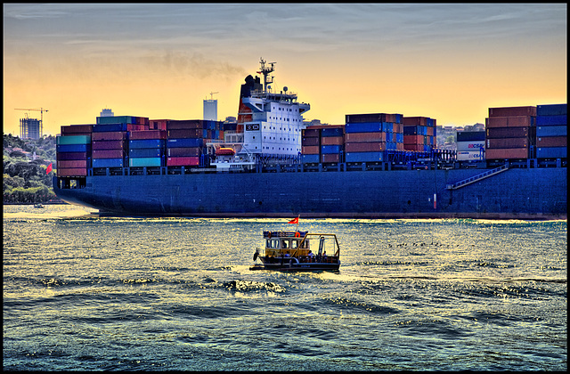 blue container ship