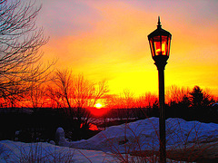 Soleil levant sur l'abbaye de St-Benoit-du-lac / Sunrise by the abbey - Québec. Canada - 7 février 2009  - Couleurs ravivées