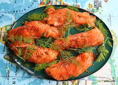 What am I bid for 1.5 Kgs of freshly cured and sliced Gravadlax with dill sprigs from the garden?