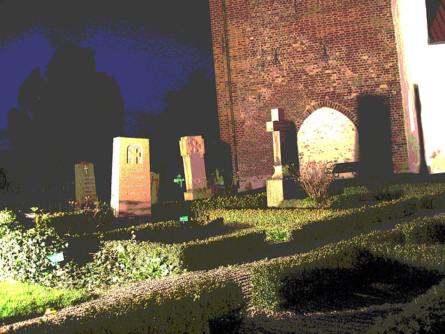 Église & cimetière de soir - Båstad -  Suède /  Sweden.   Octobre 2008 - Postérisation photofiltrée