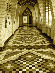 Corridor coloré / Colourful corridor - Abbaye de St-Benoit-du-lac - Québec. CANADA - Février 2009- Sepia.