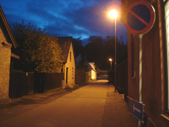 Rue sombre & lampadaire /  Street lamp and narrow street in the dark  - Båstad / Suède - Sweden.  23-10- 2008