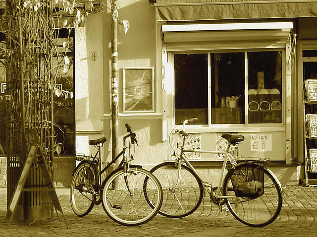 Regard sur vélos suédois / Handlesbanken Swedish Bikes eyesight  /  Ängelholm en Suède - Sweden .  23 octobre 2008 - Sepia
