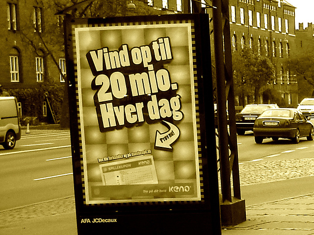Wind op till 20 mio hver dag blue sidewalk sign -  Copenhague . 20-10-2008 -  Sepia