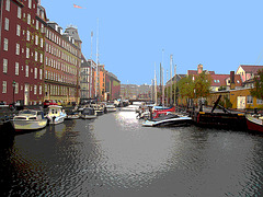 Rue d'eau au centre-ville /  Downtown river road.    Copenhague  - 26-10-2008 - Postérisation avec ciel bleu photofiltré
