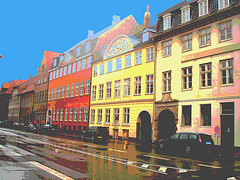 Pavé mouillé et façade danoise / - Wet pavement & danish façade.  Copenhague.  26 -10 -2008 - Postérisation