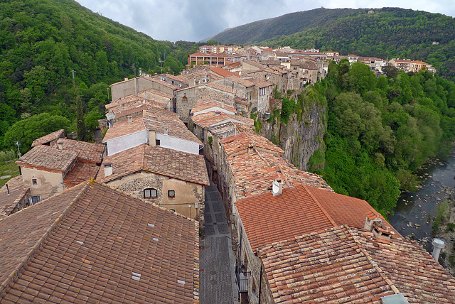 Aerial View Of Castellfollit De La Roca Cliff Village In Catalonia