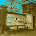 Agressive bench /  Banc menaçant - Sepia au ciel bleu.