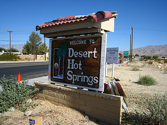 Welcome to Desert Hot Springs sign - Palm Drive & Camino Aventura (4437)