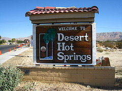 Welcome to Desert Hot Springs sign - Palm Drive & Camino Aventura (4438)