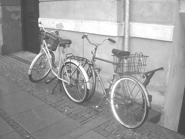 Duo de vélos bleus /  Blue bikes duo -  Copenhague / Copenhagen.  26-10-08  - N & B