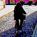 Cycliste sur pavé de cailloux /  Biker on narrow cobblestone street -  Ängelholm, Suède / Sweden.  23 octobre 2008 - Postérisée avec couleurs ravivées