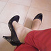 Christiane mon amie adorée / My beloved friend Christiane -  Avec / with permission - Escarpins noirs et pantalons rouges  /  Black pumps and red pants.