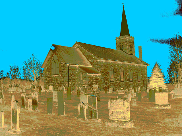 Église et cimetère de Dunham. Québec, Canada . 21-11-2009 - Sepia photofiltré avec ciel bleu photofiltré
