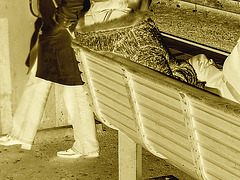 DMS chesnut mature in hidden chunky heeled boots /  Suédoise châtaigne d'âge mature en bottes à talons trapus semi-cachés - Ängelholm / Suède - Sweden.  23 octobre 2008 -  Négatif sépiatisé