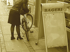 Bageri blonde Danish mature biker in chunhy hammer heeled boots /  Copenhagen, Denmark - 19-10-2008- Sepia