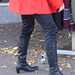 Choklad blonde swedish Lady in red with sexy high-heeled boots / Blonde en rouge avec bottes de cuir à talons hauts.