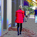 Choklad blond swedish Lady in red with sexy high-heeled boots / Blonde en rouge avec bottes de cuir à talons hauts.- Postérisation aux couleurs ravivées