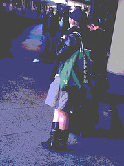 Blonde danoise à chapeau en bottes à talons hauts / Blond danish hatter in high-heeled boots -  Copenhagen, Denmark / Copenhague, Danemark.   20 octobre 2008-  Effet de nuit postérisé