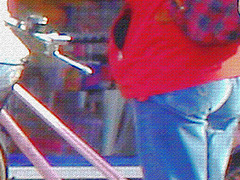 Direkten blond biker in red with jeans and white sneakers /  Suédoise blonde à vélo en jeans et espadrilles blanches -  Ängelholm / Sweden - Suède - 23-10-2008 - Photofiltered cracks /  Craquelures photofiltrées