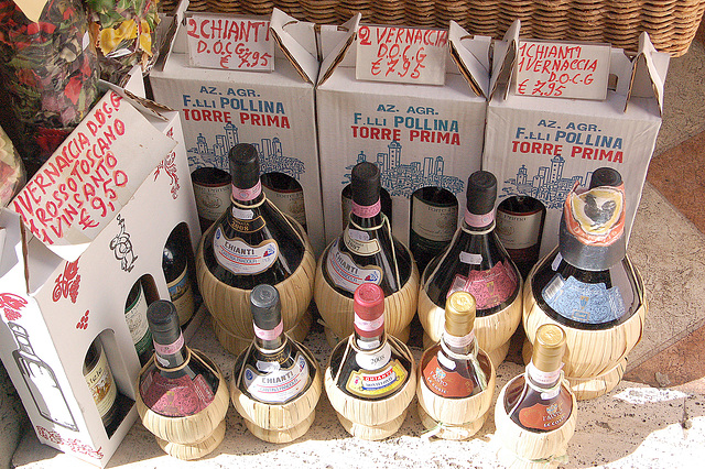 Chianti-vino en korbboteloj